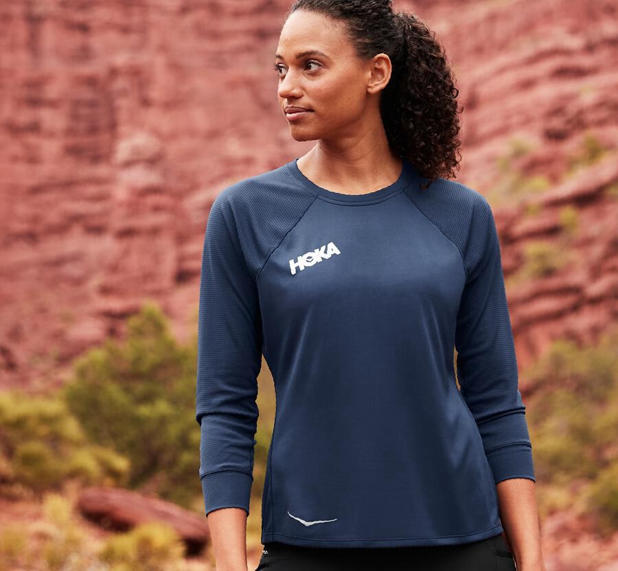 Hoka Australia One One Performance 3/4 Sleeve - Womens Tops Navy - NOQSC-0597